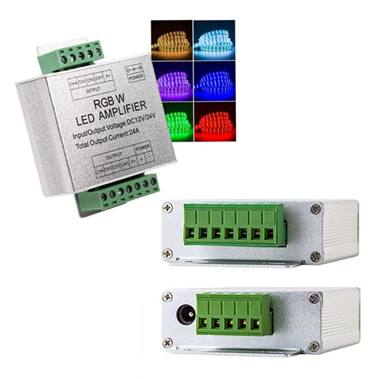 RGBW LED controller with green terminal blocks and two output ports, side view