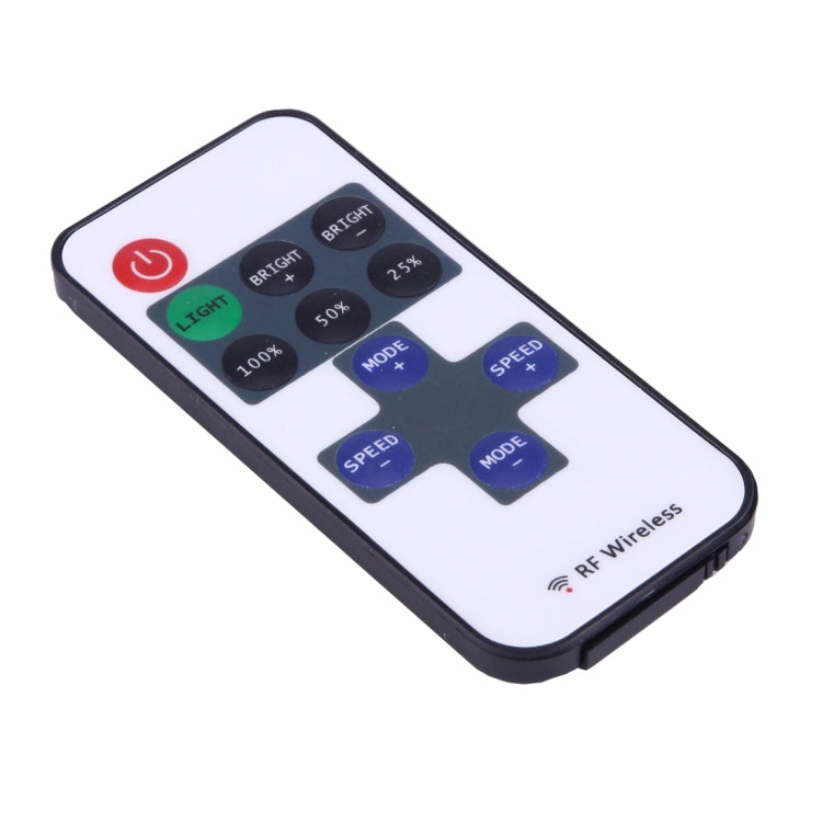 White RF LED remote controller with black buttons and multicolor mode keys