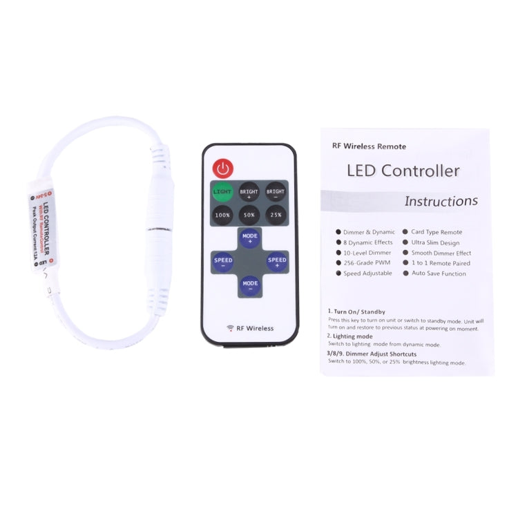 LED controller kit: white cable set, RF remote, and instruction sheet