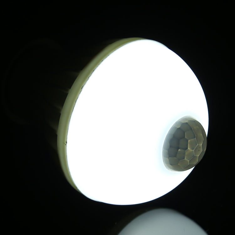 E27 infrared motion sensor LED bulb glowing white with visible front sensor lens