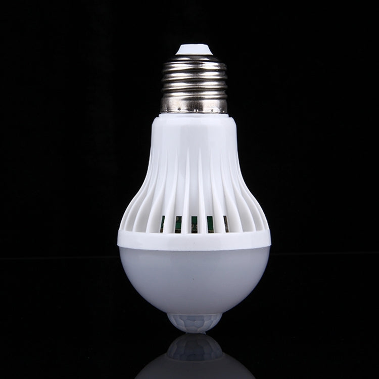 White E27 LED motion sensor bulb with dome lens and metal screw base, front view
