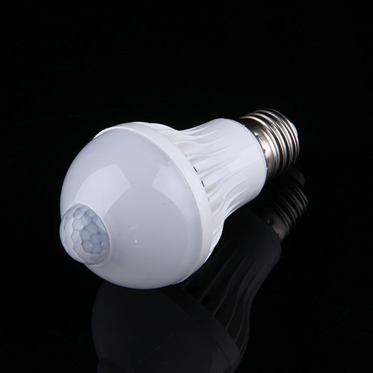 White E27 motion sensor LED bulb with side view and visible metal screw base
