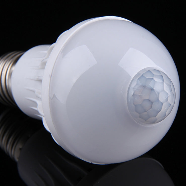White E27 motion sensor LED bulb head with hex-style sensor lens window