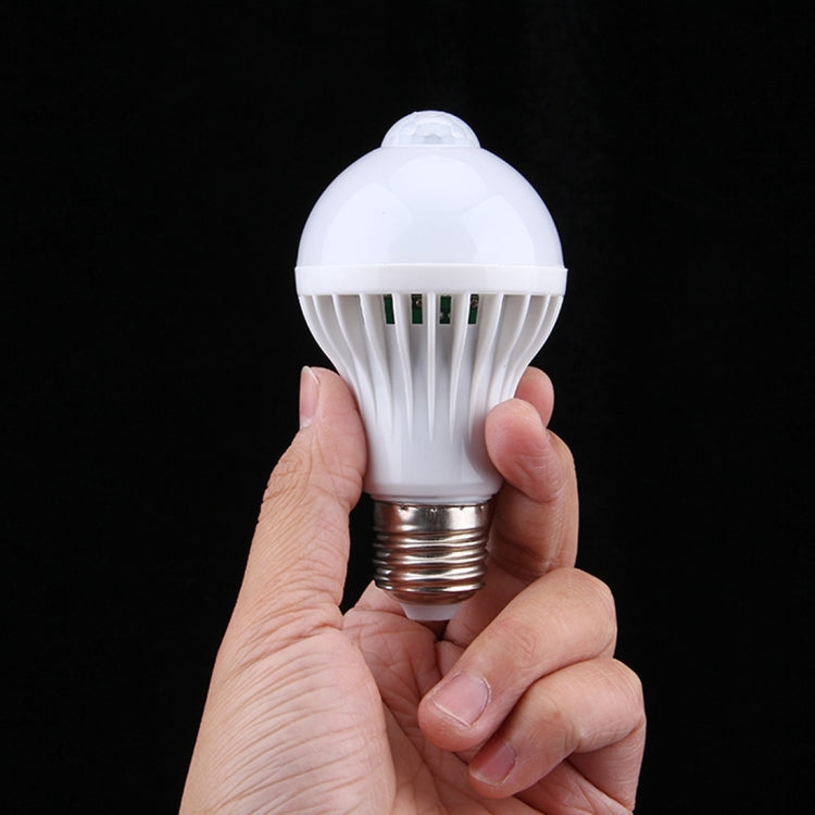 White E27 motion sensor LED bulb held in hands with screw base and vented top