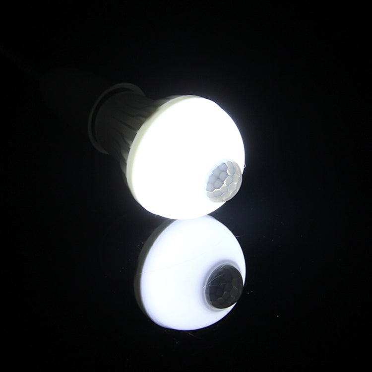 Glowing white E27 LED motion sensor bulb with frosted dome lens
