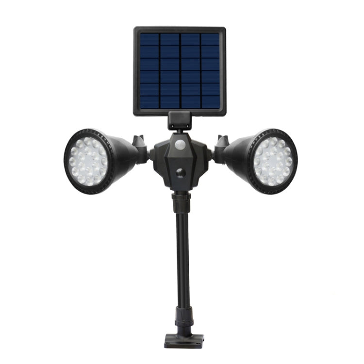 Solar LED spotlight with dual round lamp heads and top solar panel, black