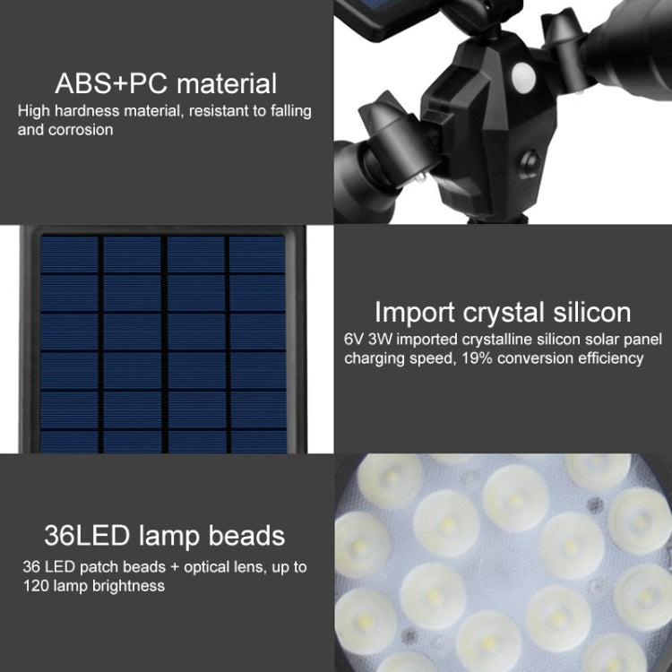 Solar spotlight with black housing, solar panel cells, and 36 LED lamp beads.