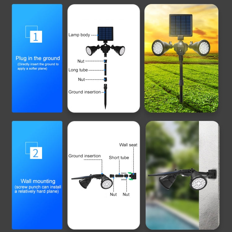 Dual-head solar LED spotlight with ground and wall mounting diagrams.