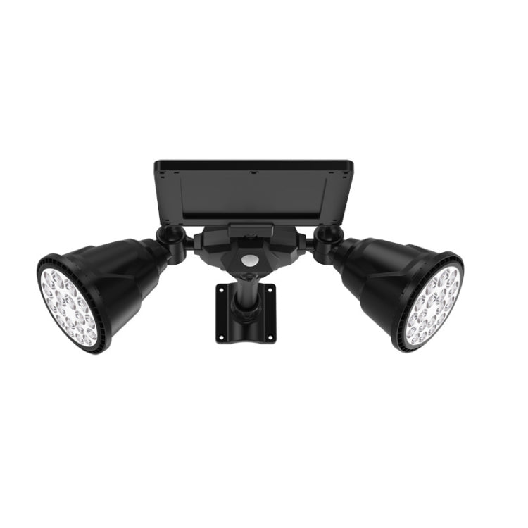 Solar LED dual-head spotlight with solar panel and wall mounting plate, black