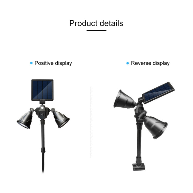 Solar LED spotlight showing dual-head lamp angles with solar panel, black
