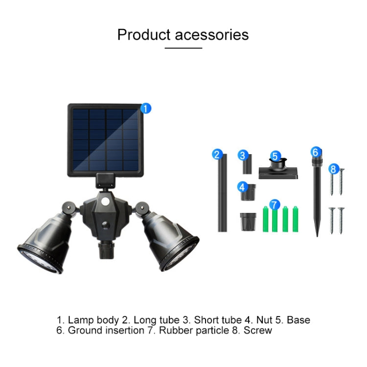 Solar spotlight accessories set with dual-head lamp, tubes, base, and screws