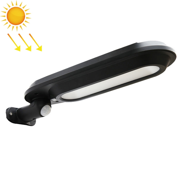 Black solar street lamp with oval LED light panel and small motion sensor dome