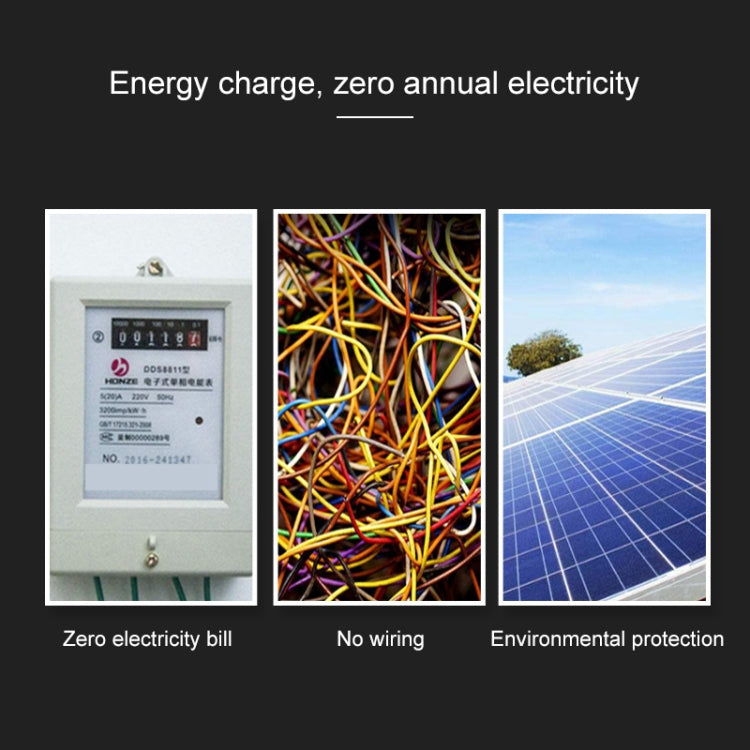 Solar powered lamp feature graphic showing zero electricity and no wiring