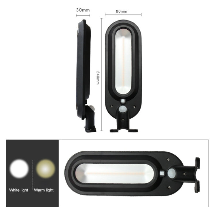 Black solar street lamp with oval light housing and wall-mount bracket