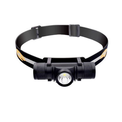 Adjustable LED headlamp with black head strap and front light module, yellow camo accents