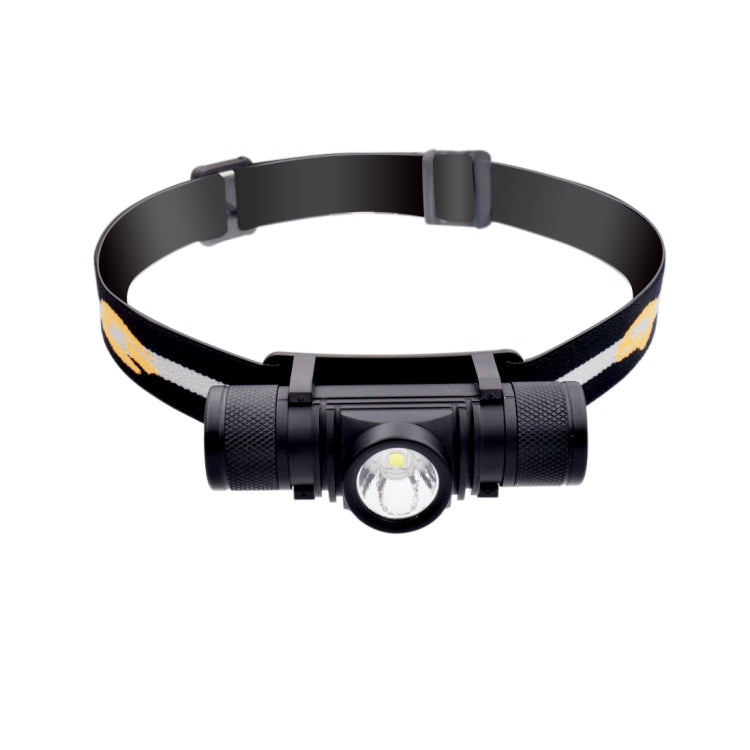 Adjustable LED headlamp with black strap, front beam light lens and yellow camo trim