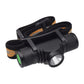 Adjustable LED headlamp with black elastic strap and side light housing, yellow camo band