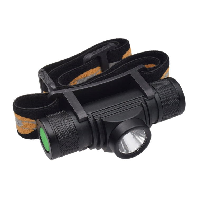 Adjustable LED headlamp with black elastic strap and side light housing, yellow camo band
