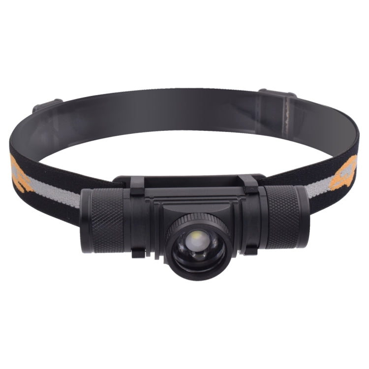Black outdoor LED headlamp with adjustable strap and orange pattern stripe