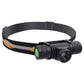 Black outdoor LED headlamp with green button and orange-striped headband