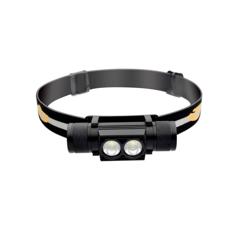 Black adjustable LED headlight with orange reflective strap and two front bulbs