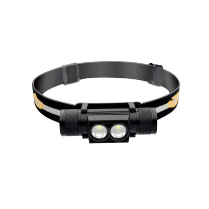 Black adjustable LED headlight with orange reflective strap and two front bulbs