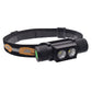 Black adjustable headlamp with dual LED bulbs, green accents, and elastic head strap
