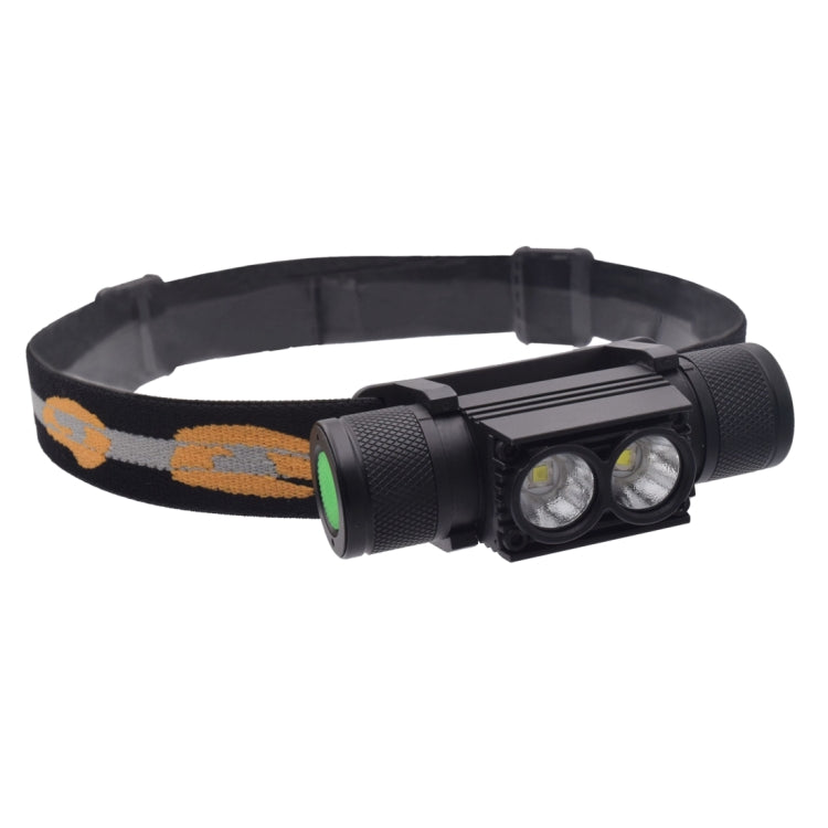 Black adjustable headlamp with dual LED bulbs, green accents, and elastic head strap