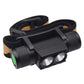 Black LED headlight with dual front bulbs, textured housing, and adjustable head strap