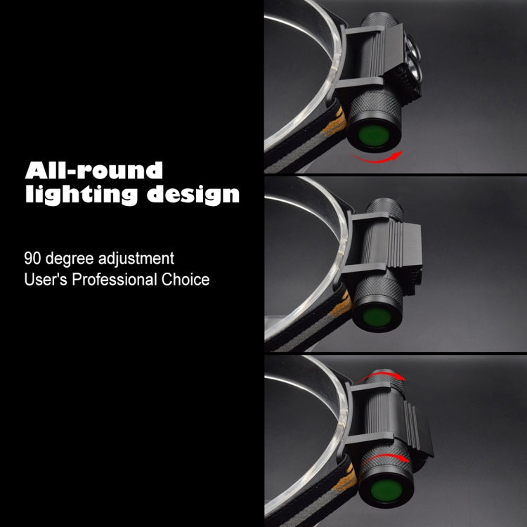 Black headlamp with angled light housing and green side switch ring