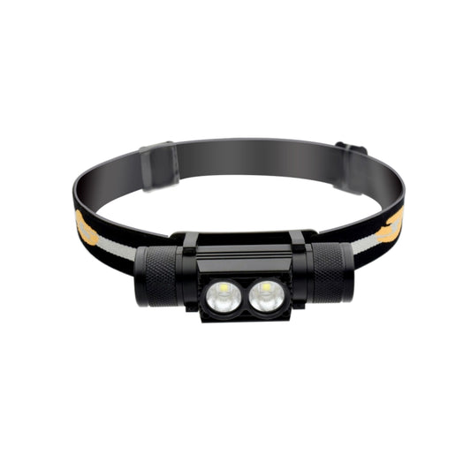 Black adjustable LED headlight with orange reflective strap and two front bulbs