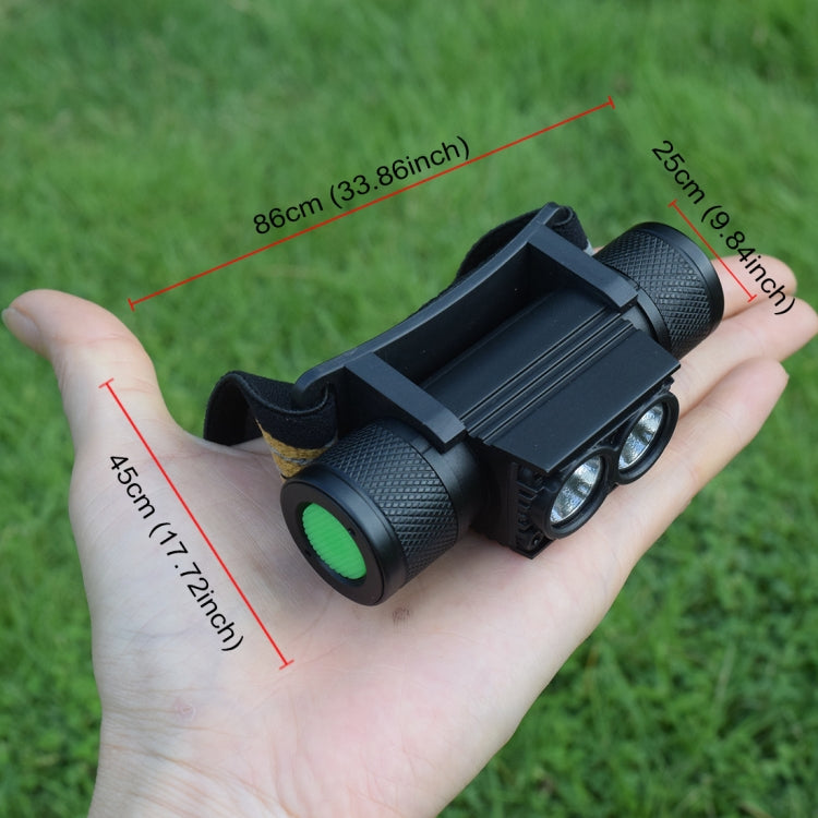 Compact black adjustable LED headlight in hand with dual front bulbs and head strap