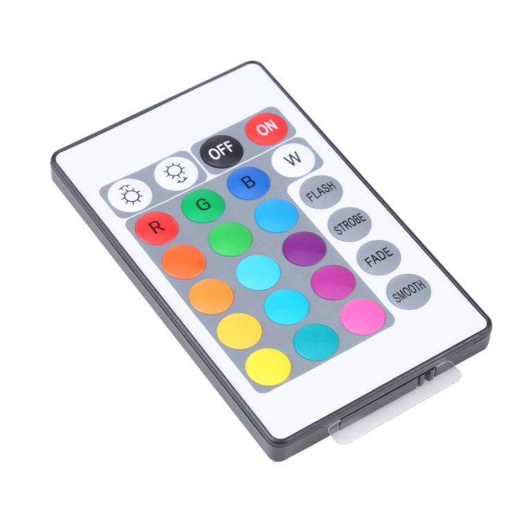 IR LED RGB remote control angled view with color buttons and effect keys