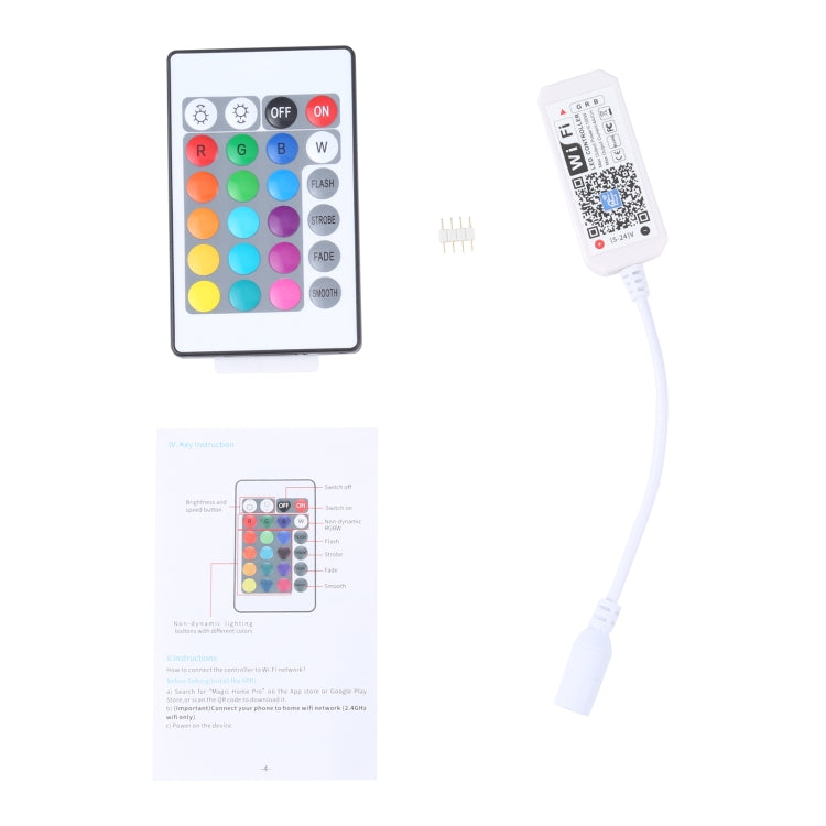 LED RGB controller kit with remote, wiring cable, and instruction sheet