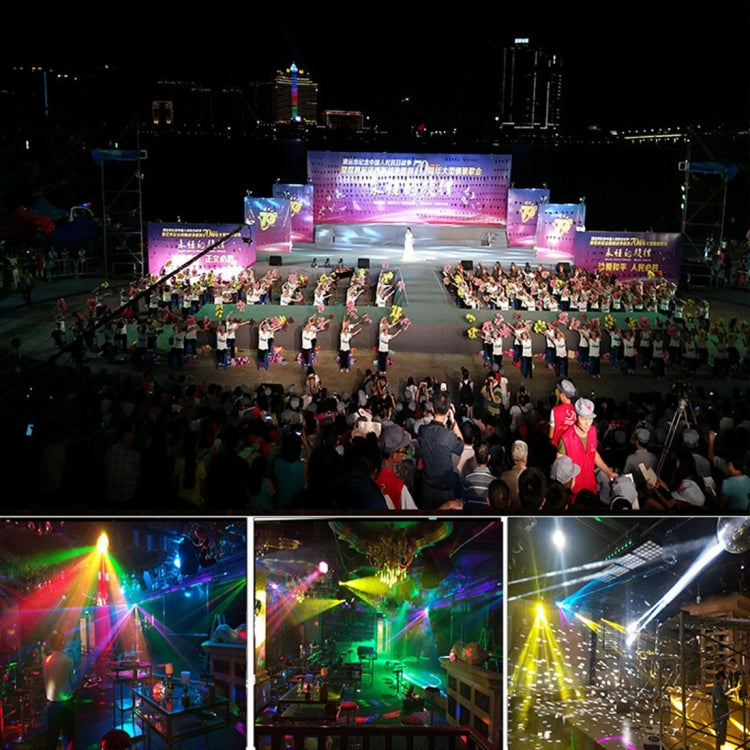 Outdoor concert stage with overhead lighting and large crowd in front