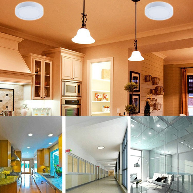 Round white ceiling LED panel lights with flat diffuser plate for warm white interior