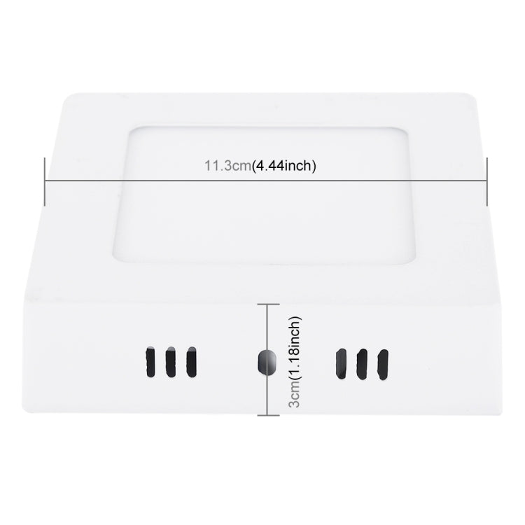 Square LED panel light with front diffuser and visible height and width markings
