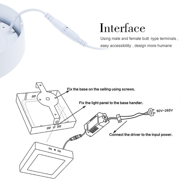 LED panel light installation diagram with connector cable and mounting base