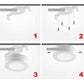 Ceiling LED panel light mounting steps diagram showing four suspension positions