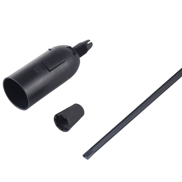 Black E14 lamp socket holder with cable, showing socket end and cut lead