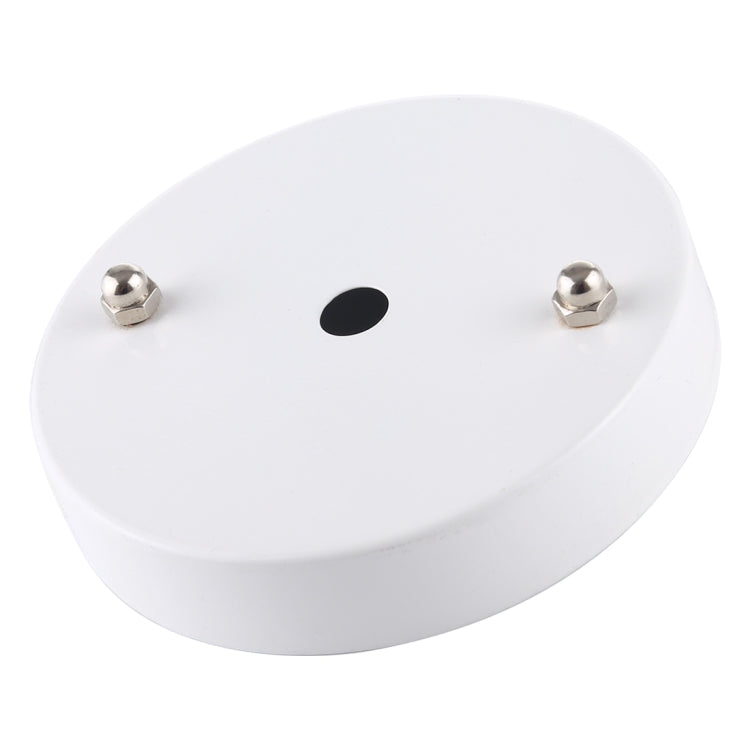 White round ceiling lamp base plate with central wiring hole and two mounting studs