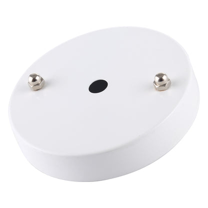 White round ceiling lamp base plate with central wiring hole and two mounting studs