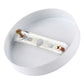White ceiling lamp base plate underside with metal mounting strap and two screws