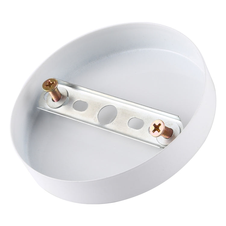 White ceiling lamp base plate underside with metal mounting strap and two screws