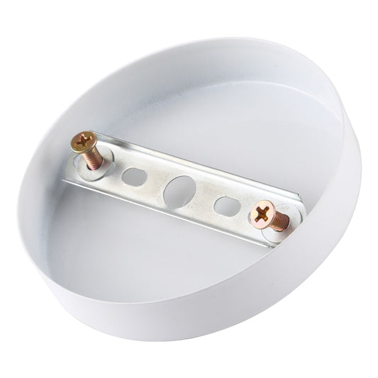 White ceiling lamp base plate underside with metal mounting strap and two screws