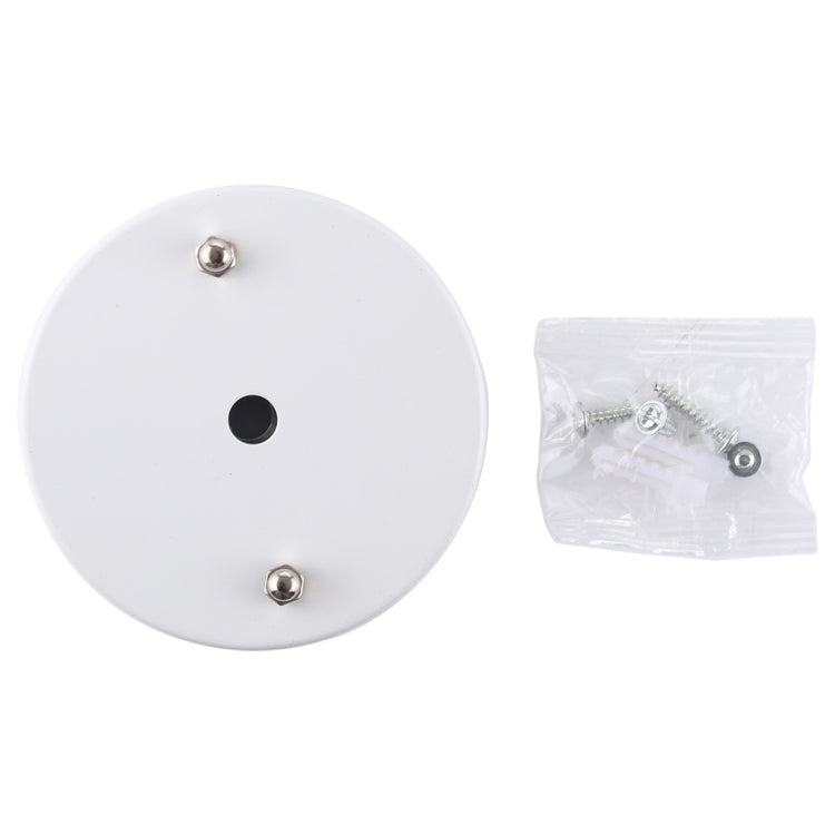 White round ceiling lamp base plate with central hole, three studs, and hardware bag