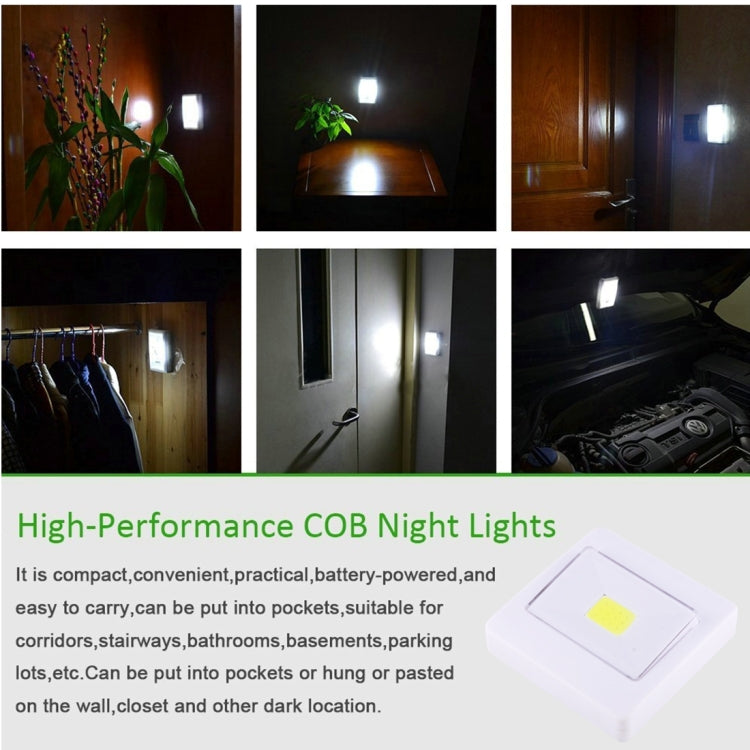 Compact white COB rectangle switch night light shown in dark room lighting