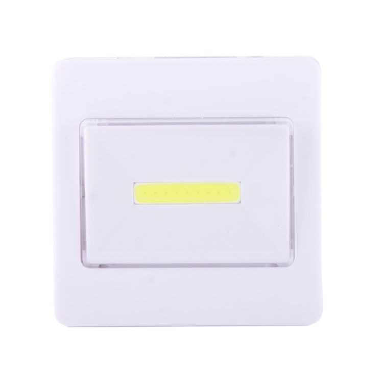 Square white night light lamp close-up, showing a glowing yellow COB LED strip