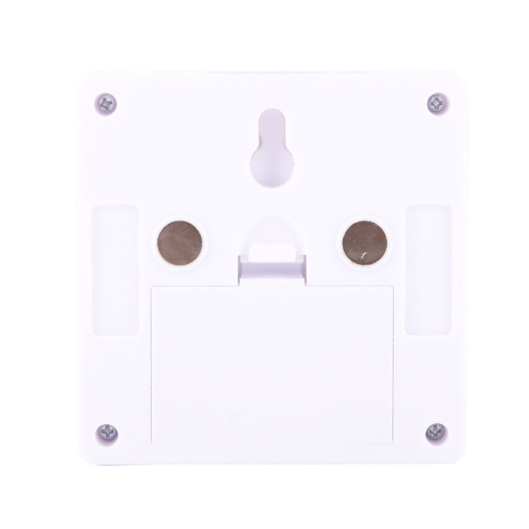 Back view of square white night light lamp with mounting screws and two round contacts