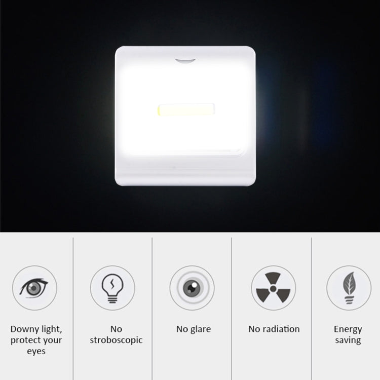 Square white night light lamp glowing with a small top notch above the lens